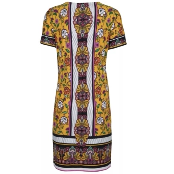 London Times Yellow Print Short Sleeve V-neck Floral Shift Mini Dress Size 4 - Picture 4 of 7